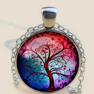 Tree Of Life Pendant Necklace Colorful Blue and Red